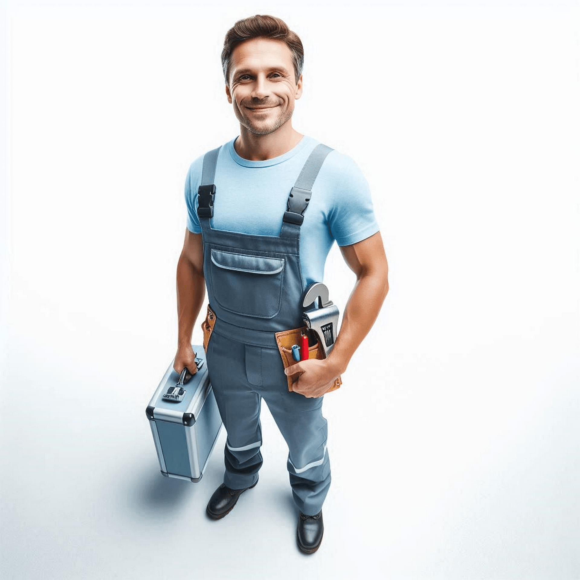 Lächelnder Klempner mit Werkzeugkoffer und Werkzeuggürtel – AgentGrid nimmt Ihre Anfragen entgegen