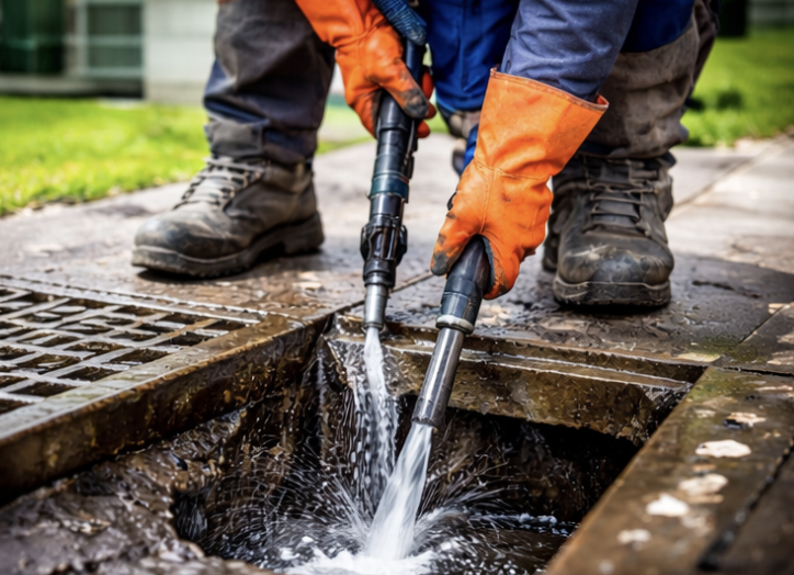 BKS Techniker bei der Rohrreinigung mit Hochdruckreiniger