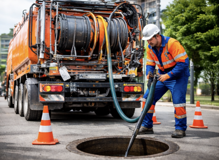 BKS Saugfahrzeug und Techniker am Kanalschacht