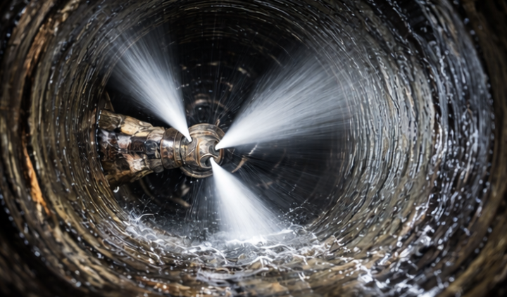 Hochdruck-Reinigung im Inneren eines Kanalrohrs